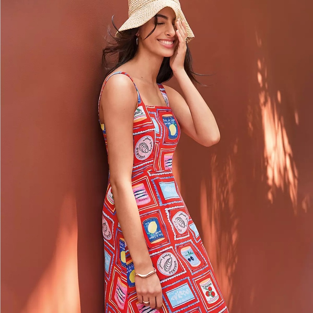LOFT CAN PRINT LINEN BLEND STRAPPY MIDI DRESS SIZE 10
